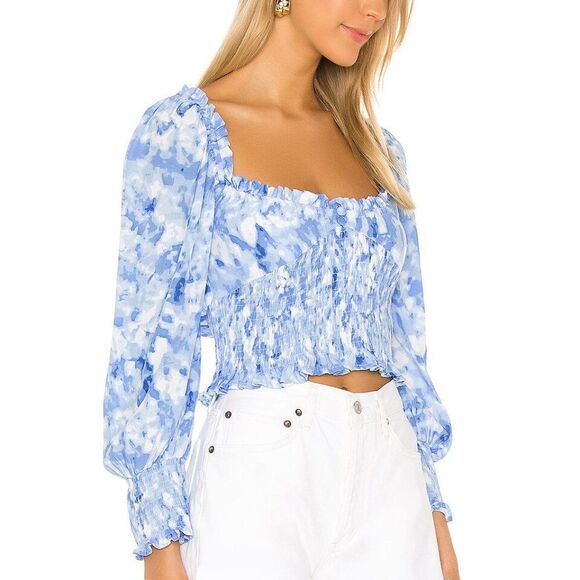 Faithfull the Brand Tops - FAITHFULL THE BRAND Smocked Willow Cropped Top in Blue Roos Tie Dye, Size S (4)
